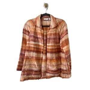 Chicos Jacket Women Size 1 Orange Casual Striped Collared Open Front Linen Blend